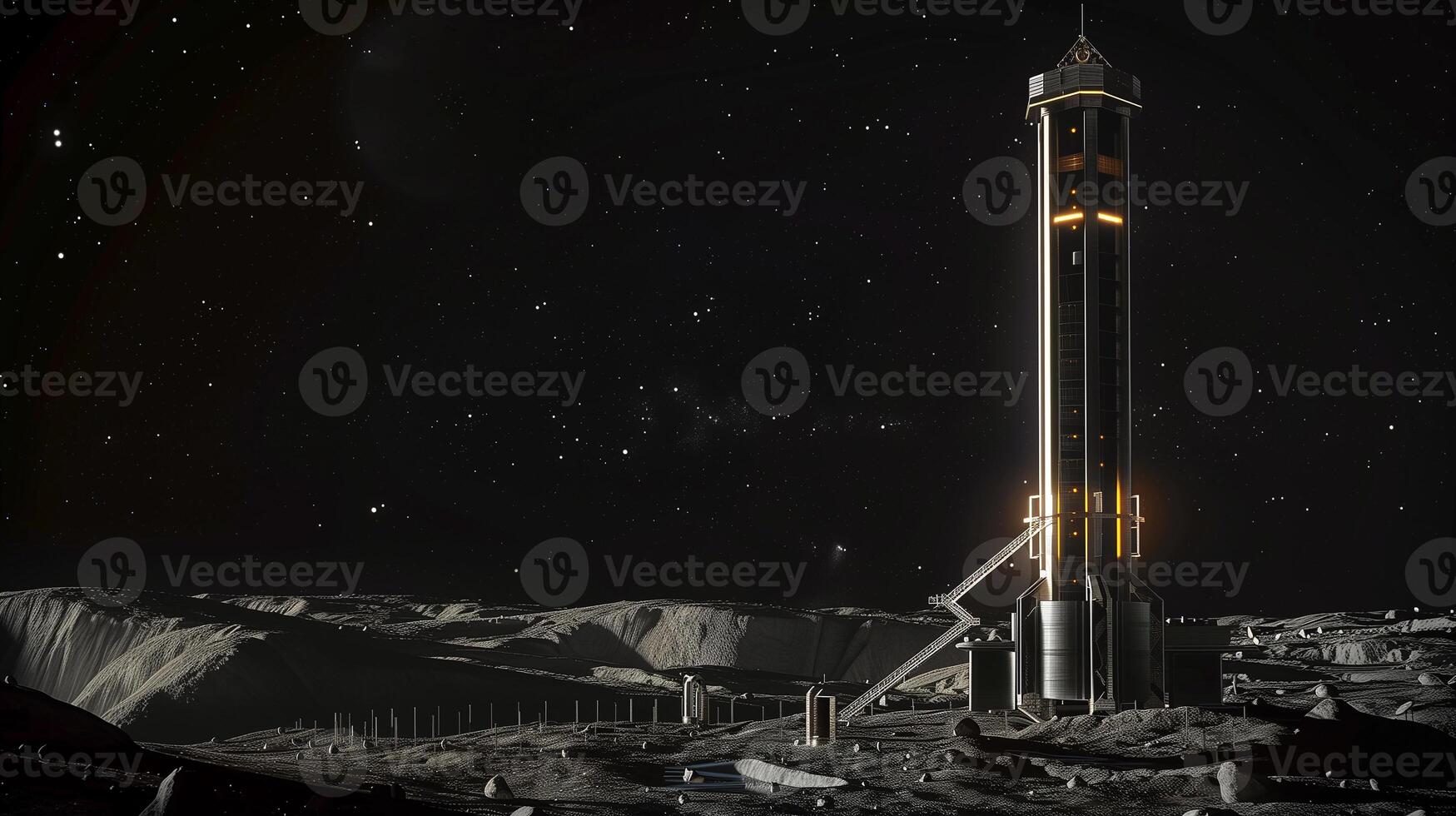 This sleek refinery tower processes regolith on an asteroid, showcasing advanced excavation techniques. photo