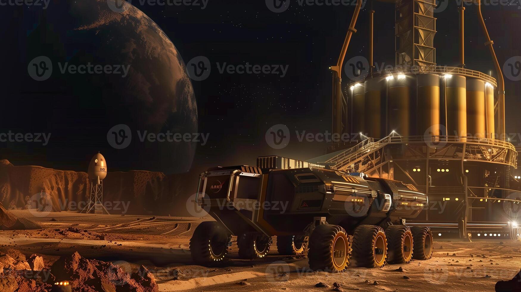 This futuristic vehicle nears a large structure for asteroid regolith excavation and processing. photo