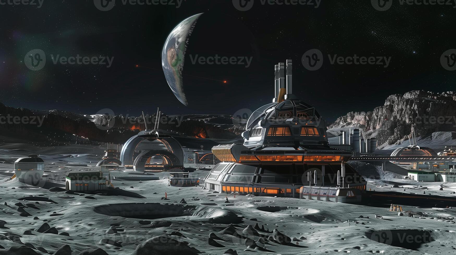 This asteroid excavation highlights regolith extraction tech with Earth in view. photo