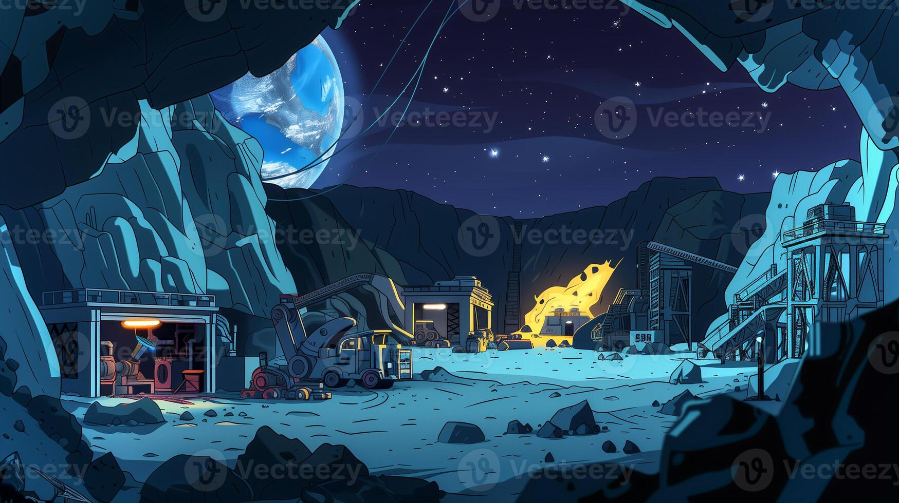 This Mining equipment operates in an asteroid cave while Earth looms in the background at night. photo