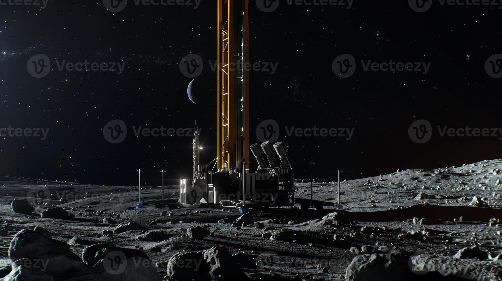 This lunar refinery is mining asteroid regolith, showcasing advanced technology under the stars. photo