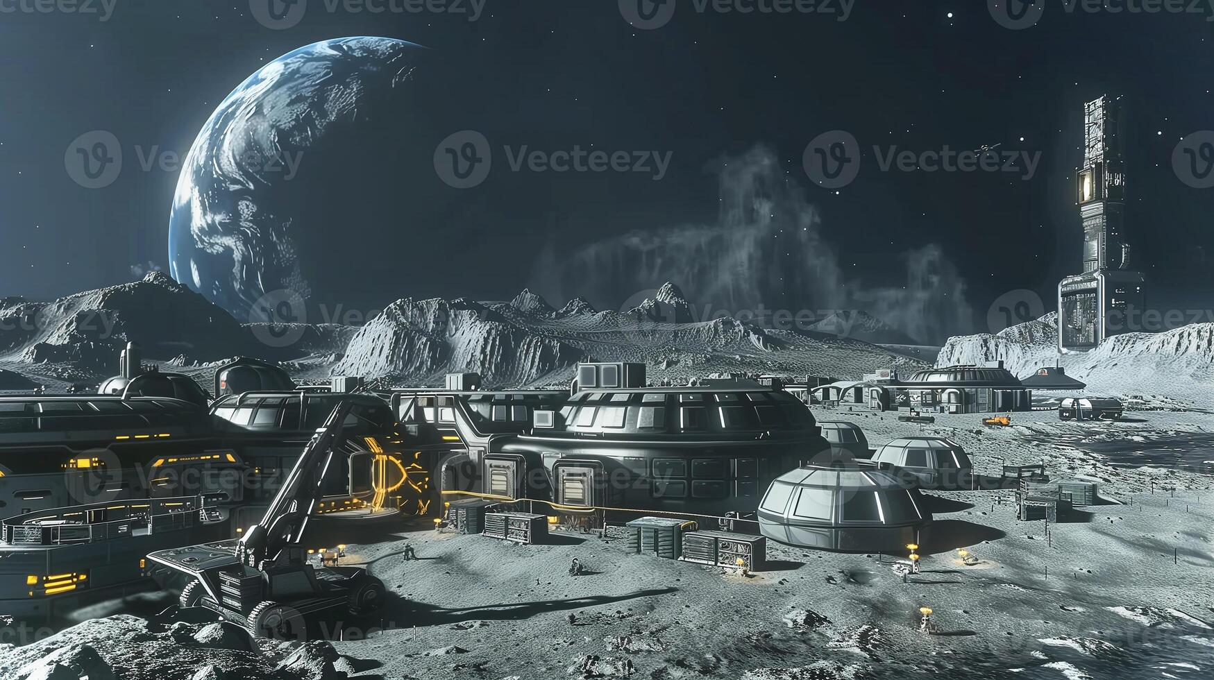 This Excavation equipment works on lunar regolith at a base, preparing for asteroid resource extraction. photo