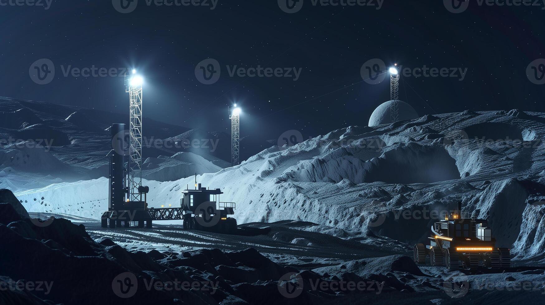 This Excavation on an asteroid is extracting regolith with machinery under bright lights. photo