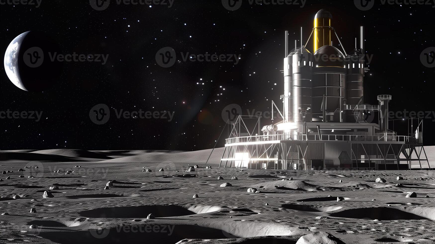 This refinery is actively extracting regolith on the lunar surface at night under a starry sky. photo