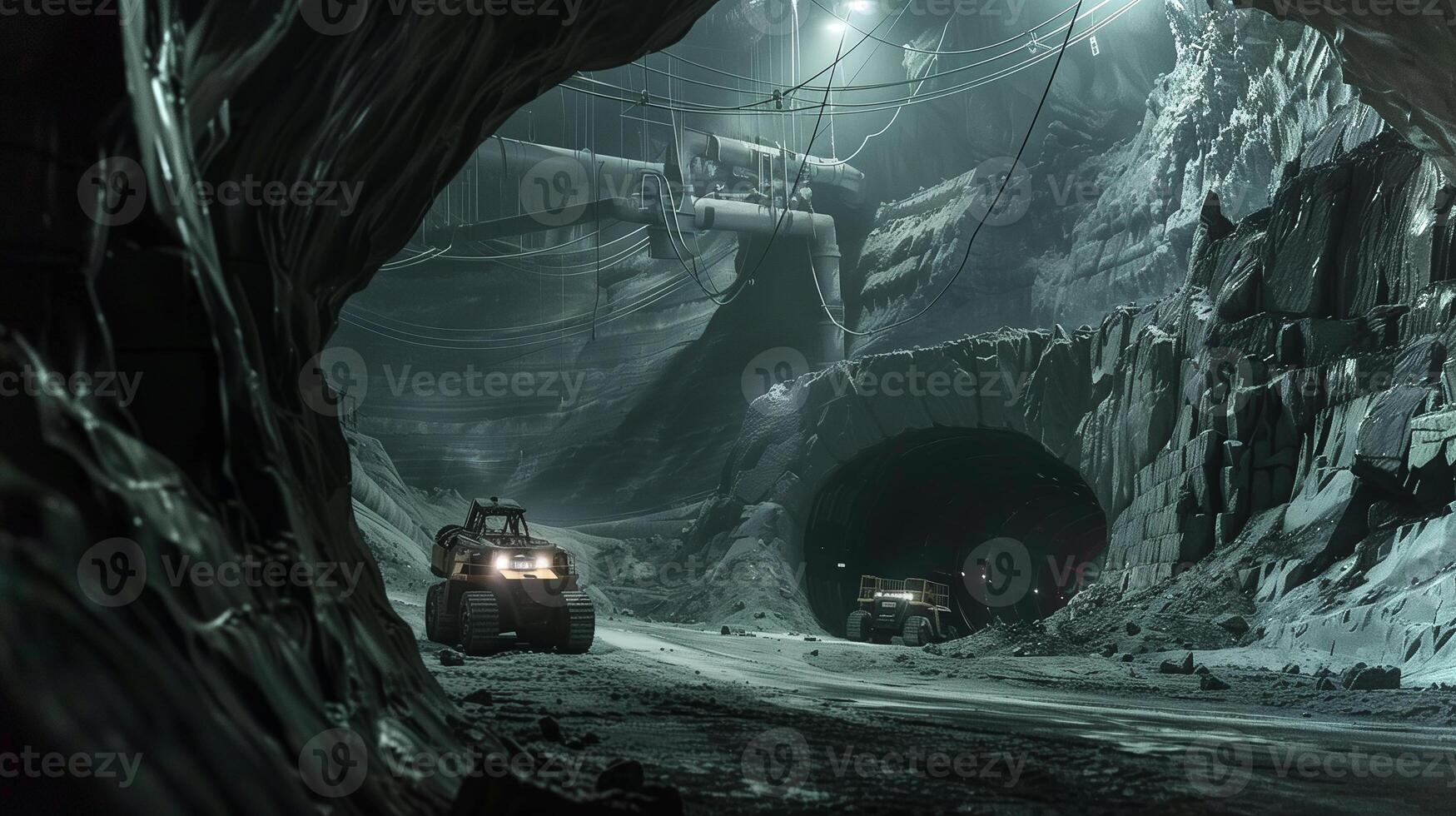 This Heavy machinery works in a dark asteroid tunnel, mining regolith for processing. photo