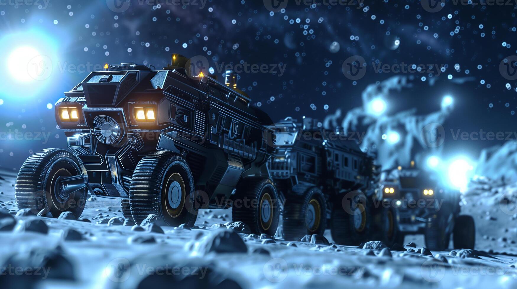 This Excavation vehicles operate on an asteroid, extracting regolith for resource refinement in space. photo