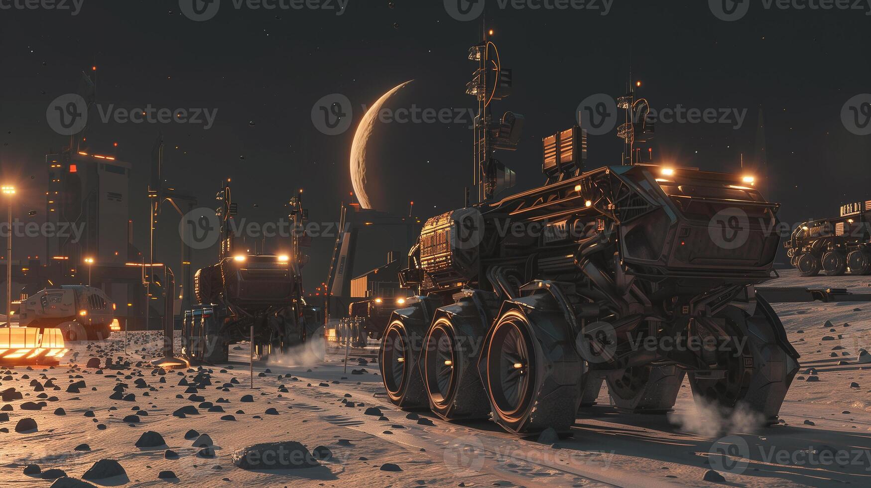 This Advanced machinery operates under a crescent moon, extracting regolith from an asteroid at night. photo