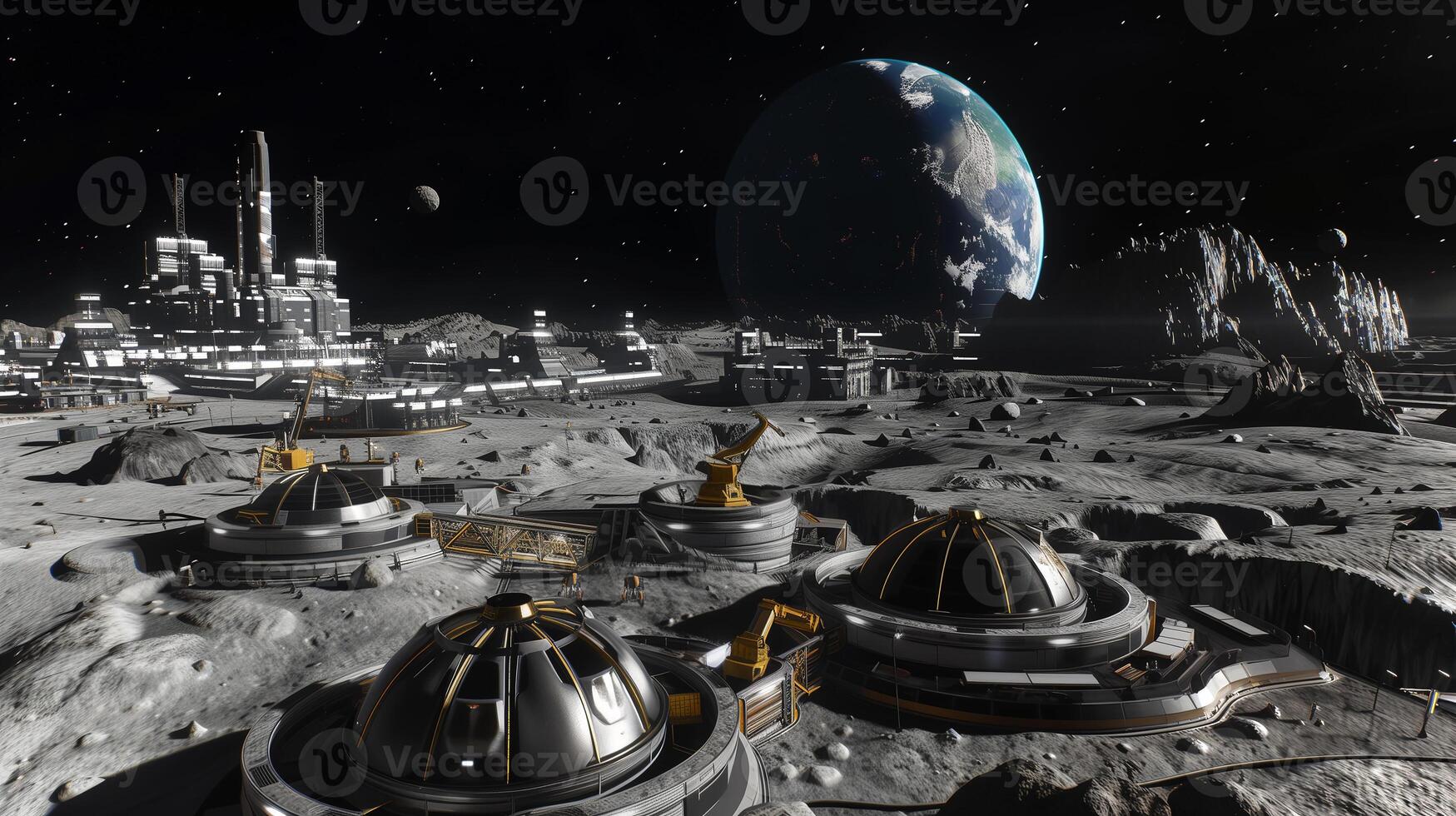 This Excavation begins at a lunar regolith refinery, highlighting advanced tech with Earth in view. photo