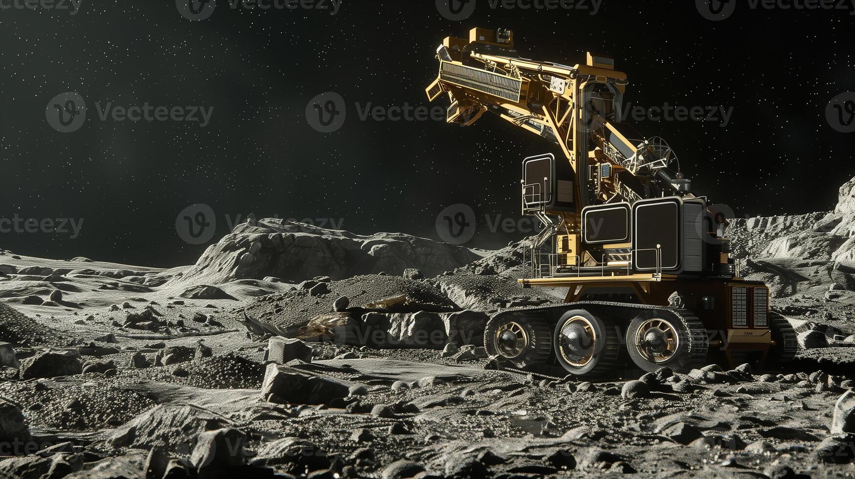 This robotic vehicle excavates regolith on an asteroid's surface, focusing on resource extraction. photo
