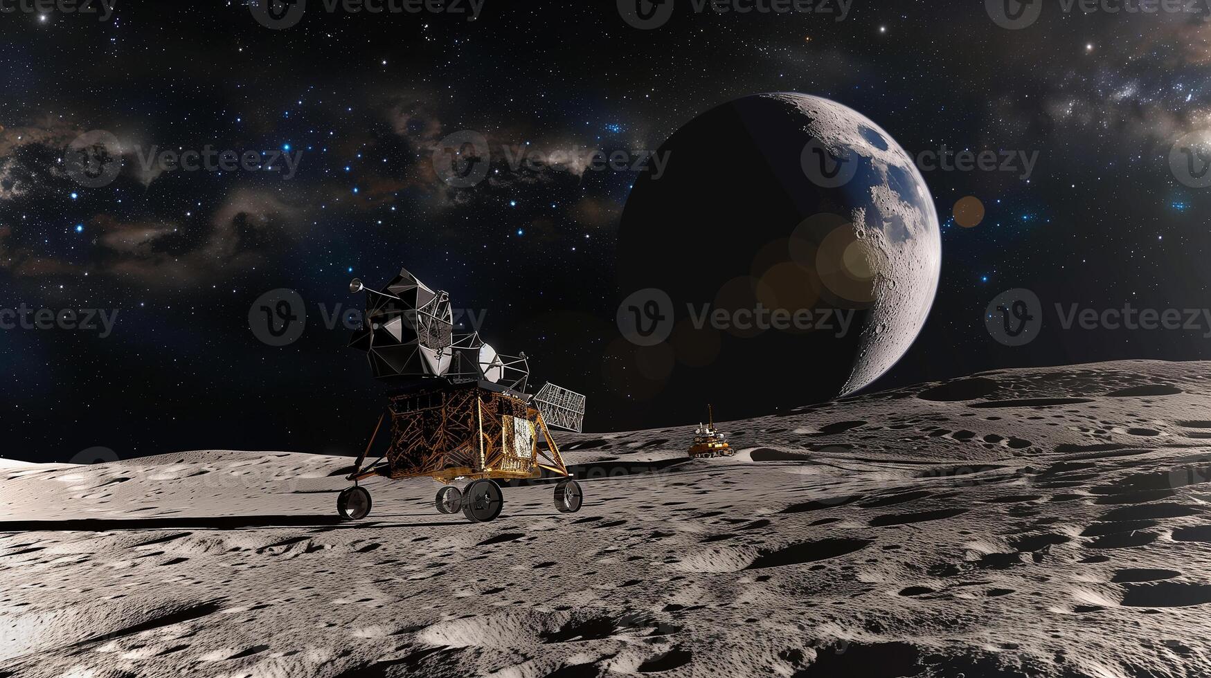 This robotic refinery extracts regolith from an asteroid against a starry backdrop. photo