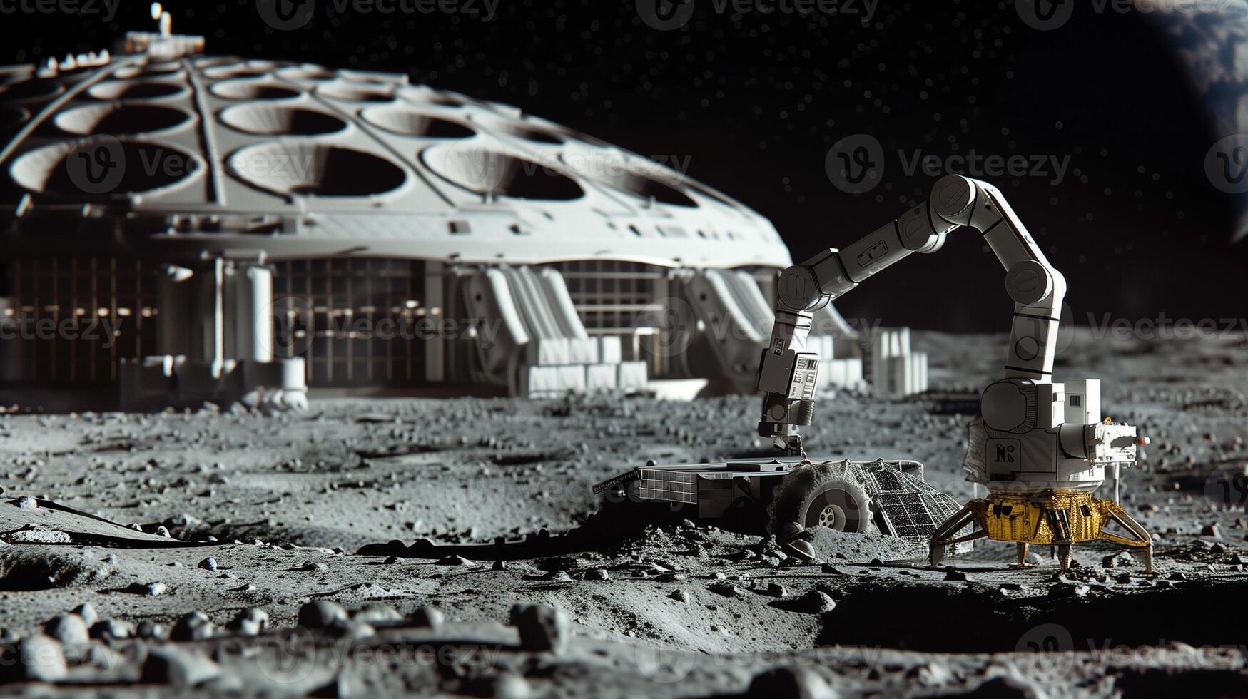 This Robotic machinery conducts asteroid regolith extraction at a lunar refinery site in the background. photo