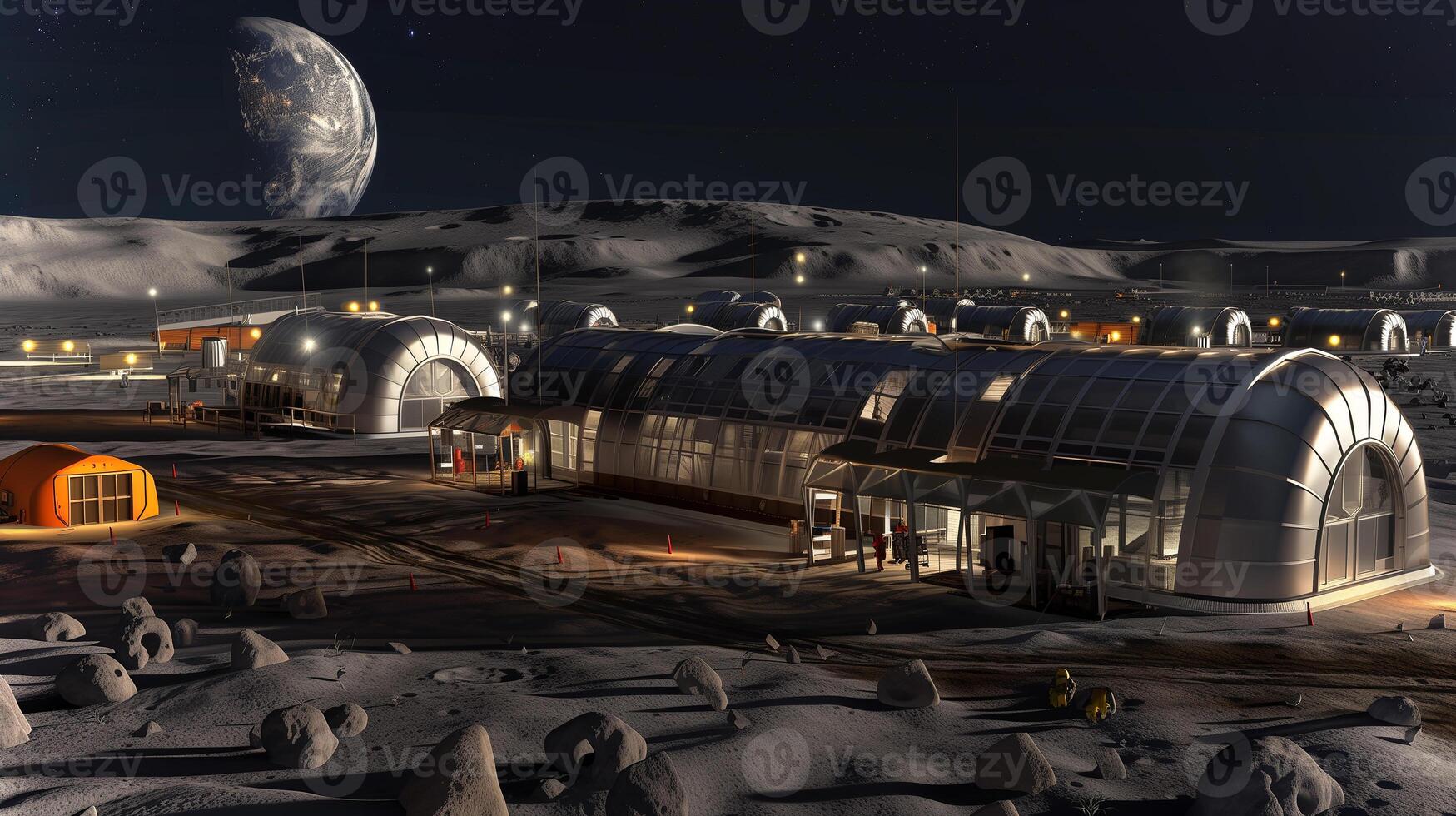 This Asteroid-based refinery operates during the night, extracting regolith for resources. photo