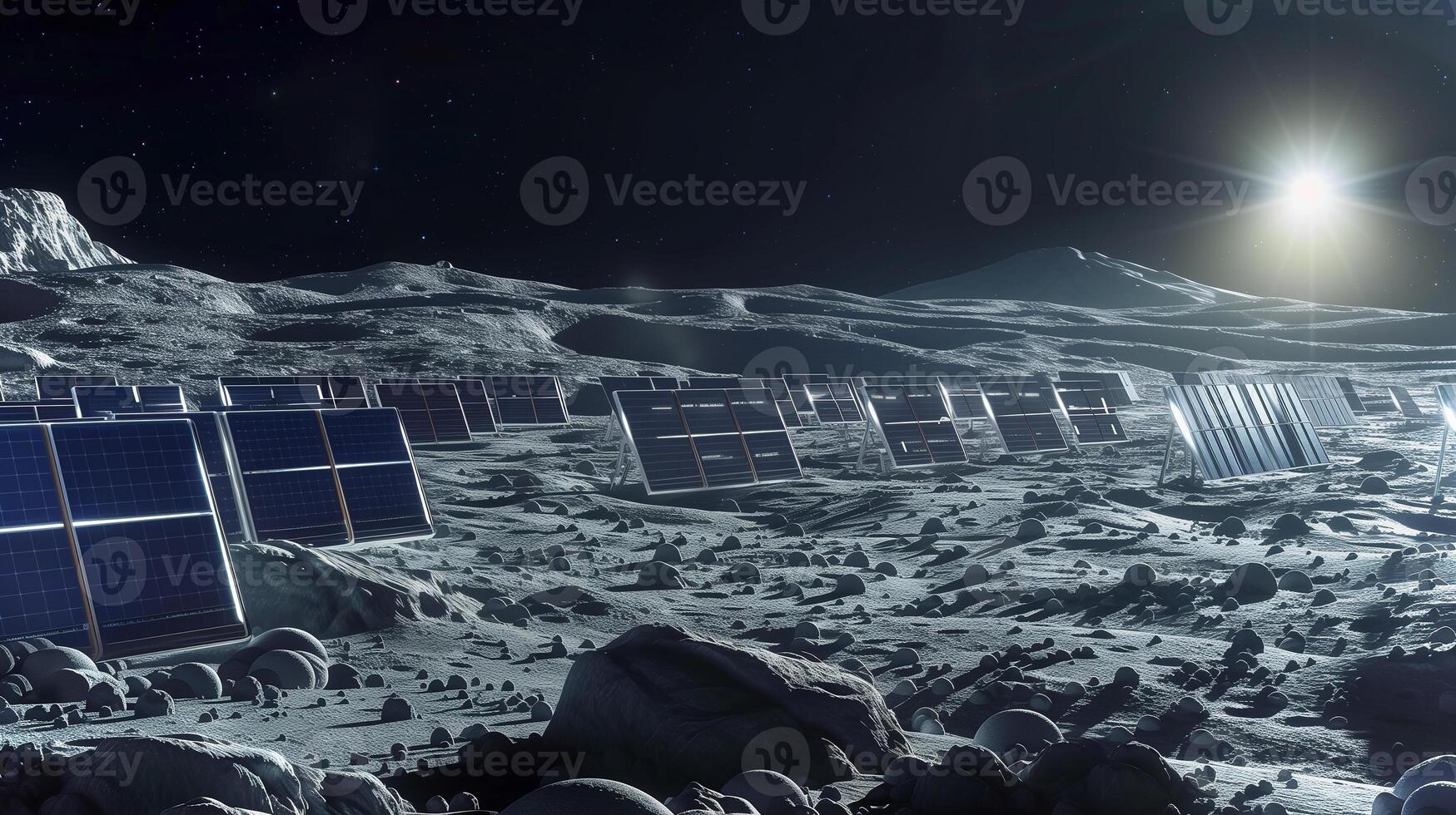 This Solar panels are arranged on an asteroid surface for regolith excavation and resource extraction. photo