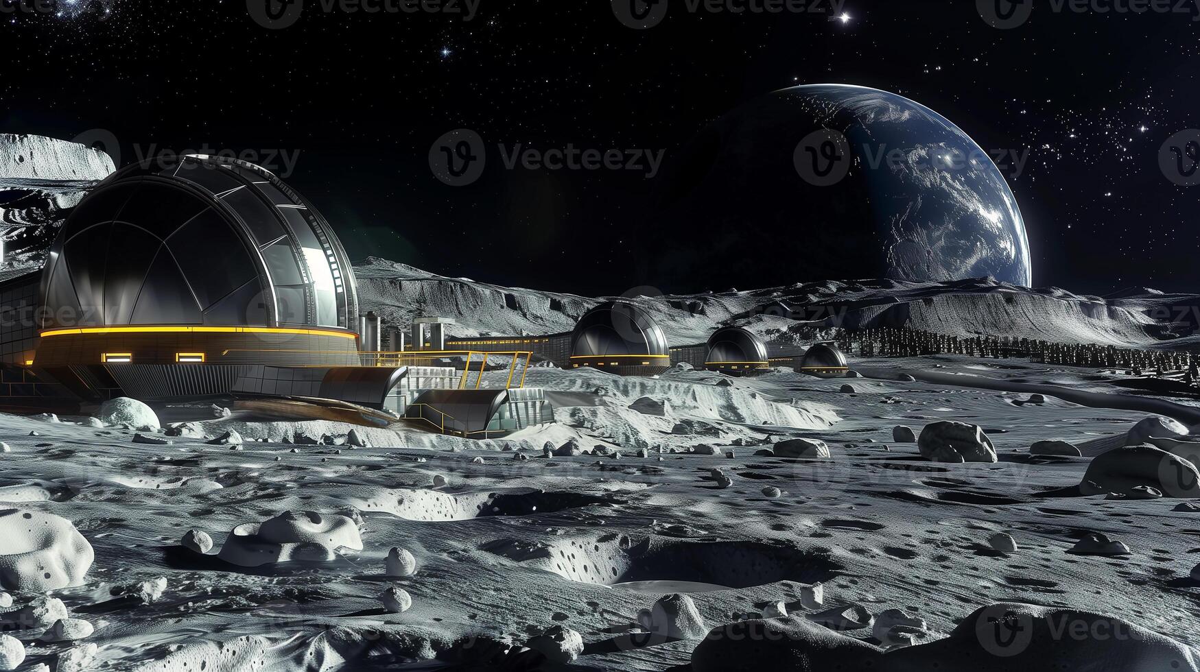 This futuristic facility on the moon processes regolith for asteroid excavation and extraction. photo