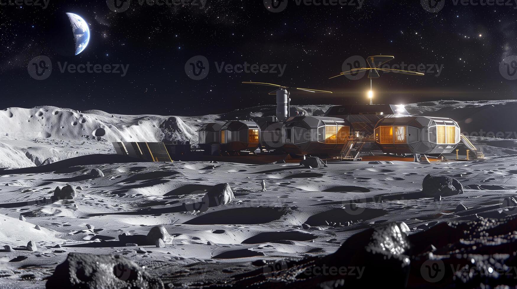 This high-tech facility excavates asteroid regolith and processes materials under a starry sky. photo