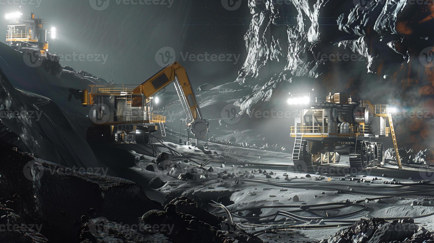 This Machines are extracting regolith from an asteroid for resource refinement. photo