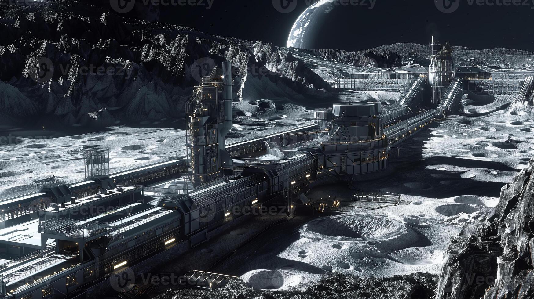 This futuristic lunar facility extracts regolith from asteroids for resource refining in deep space. photo