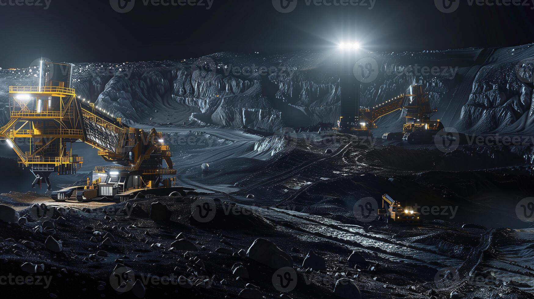 This Advanced machines conduct excavation and regolith extraction on a distant asteroid during night. photo