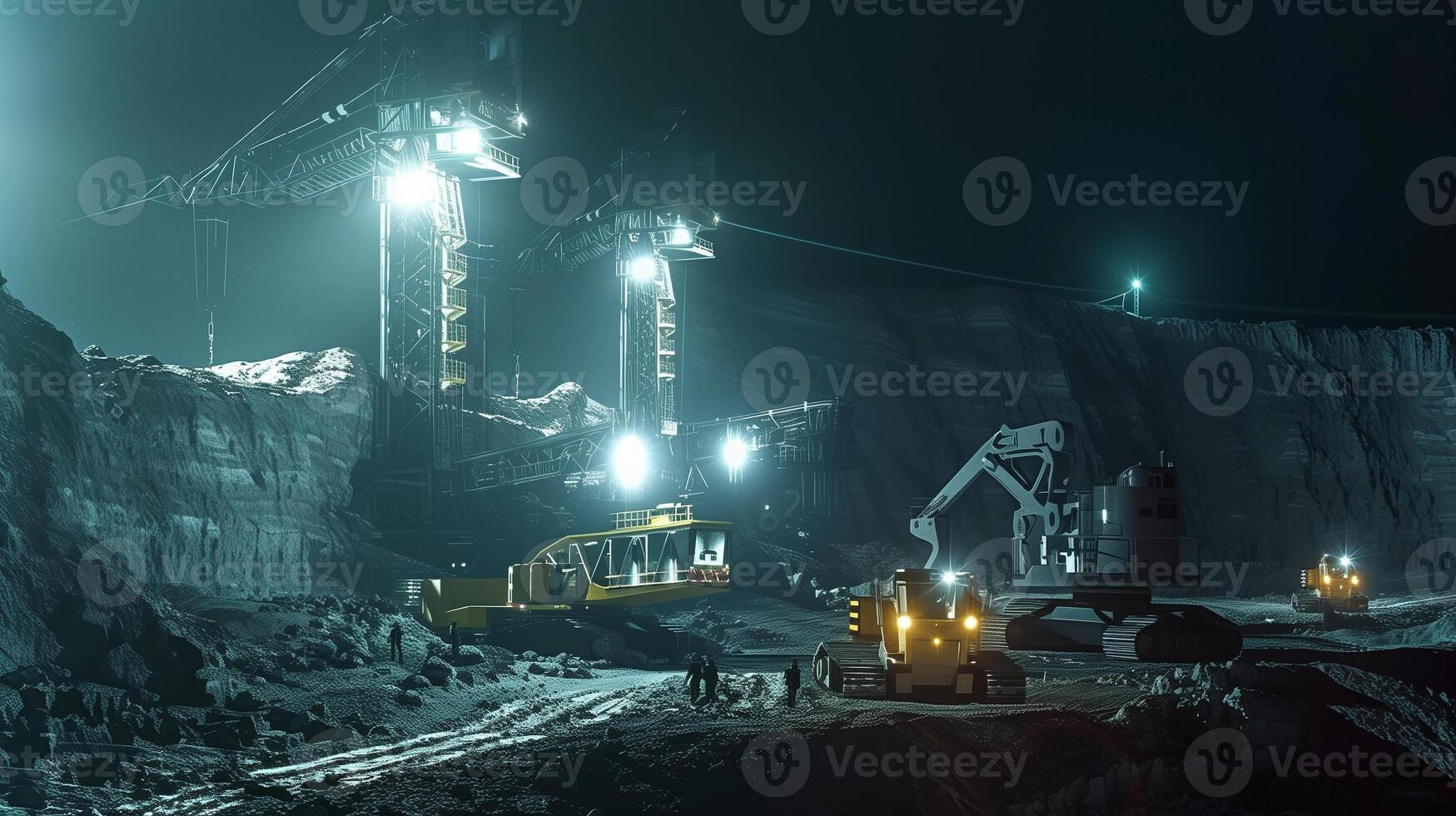 This Heavy machinery extracts regolith from an asteroid during a night excavation process. photo