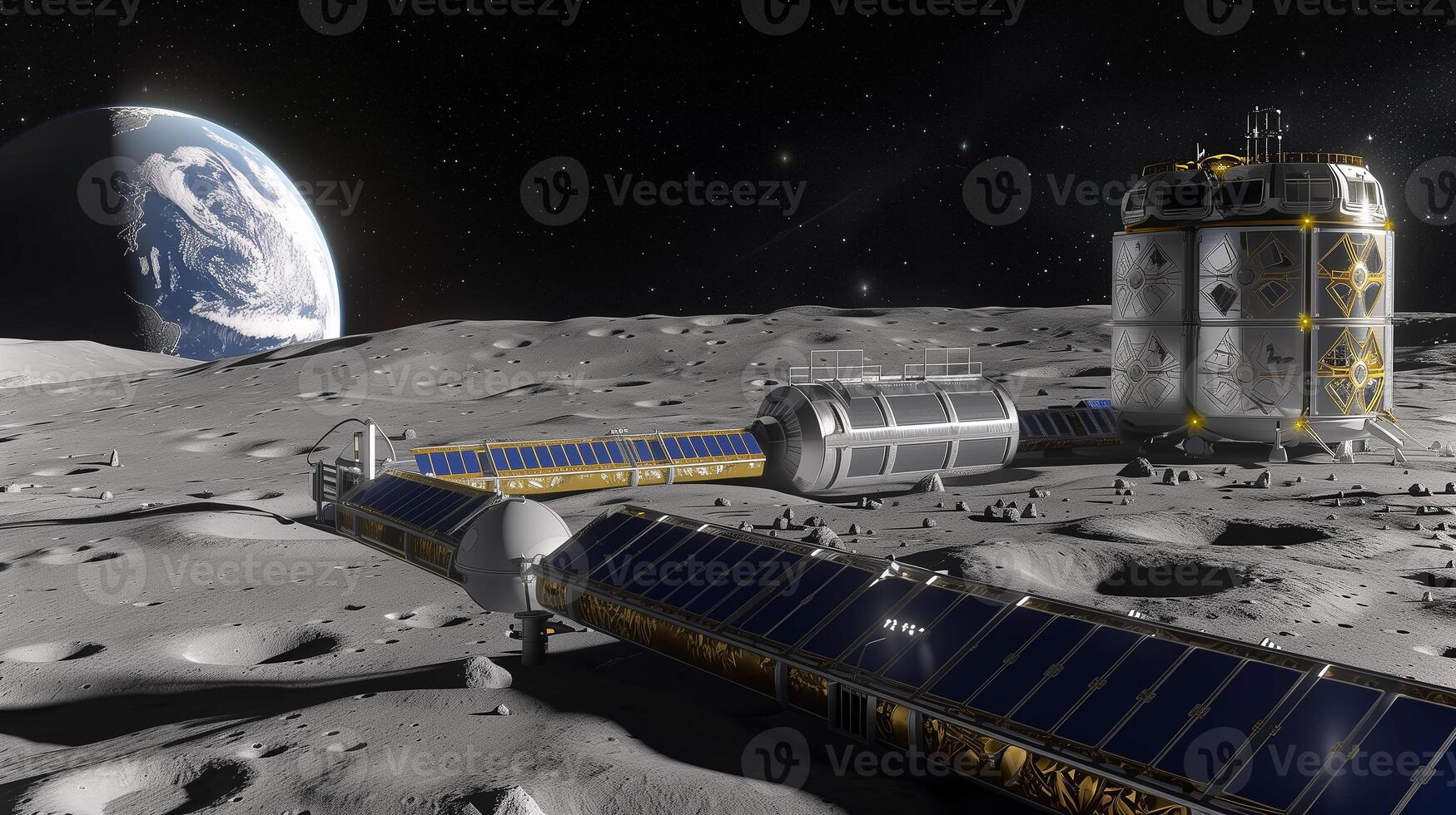 This Lunar base regolith extraction uses advanced tech against a cosmic backdrop. photo