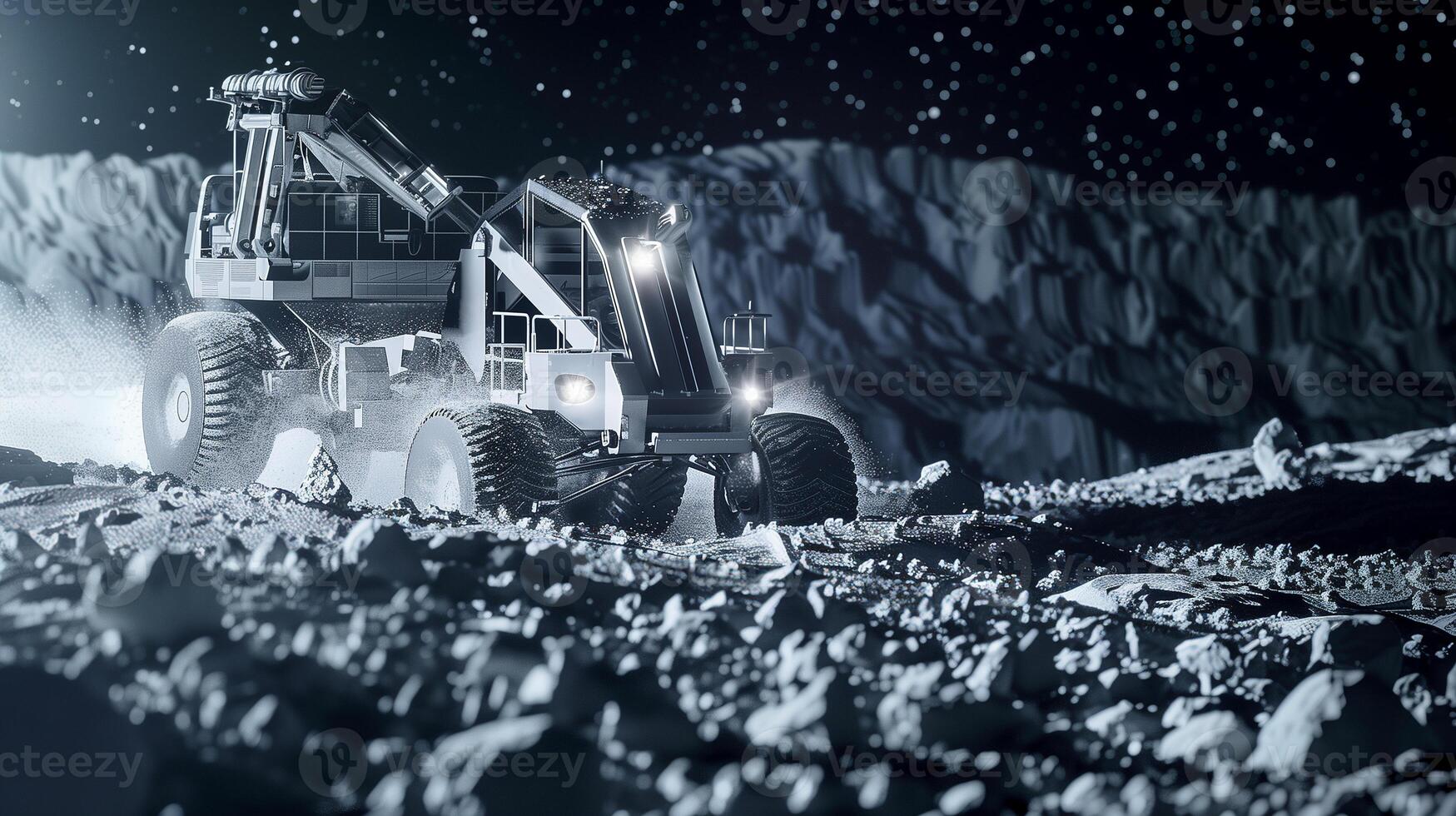 This Advanced machinery extracts regolith on a rocky lunar surface under a starlit sky. photo