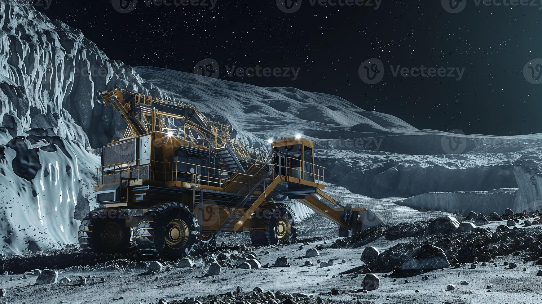 This machine excavates regolith on an asteroid at night, highlighting advanced technology. photo
