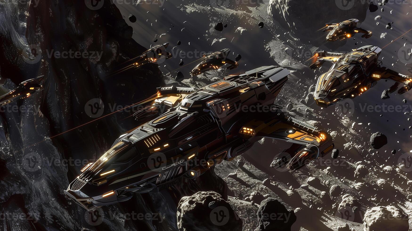 This Multiple spacecraft engage in asteroid regolith extraction for resource refinement in deep space. photo