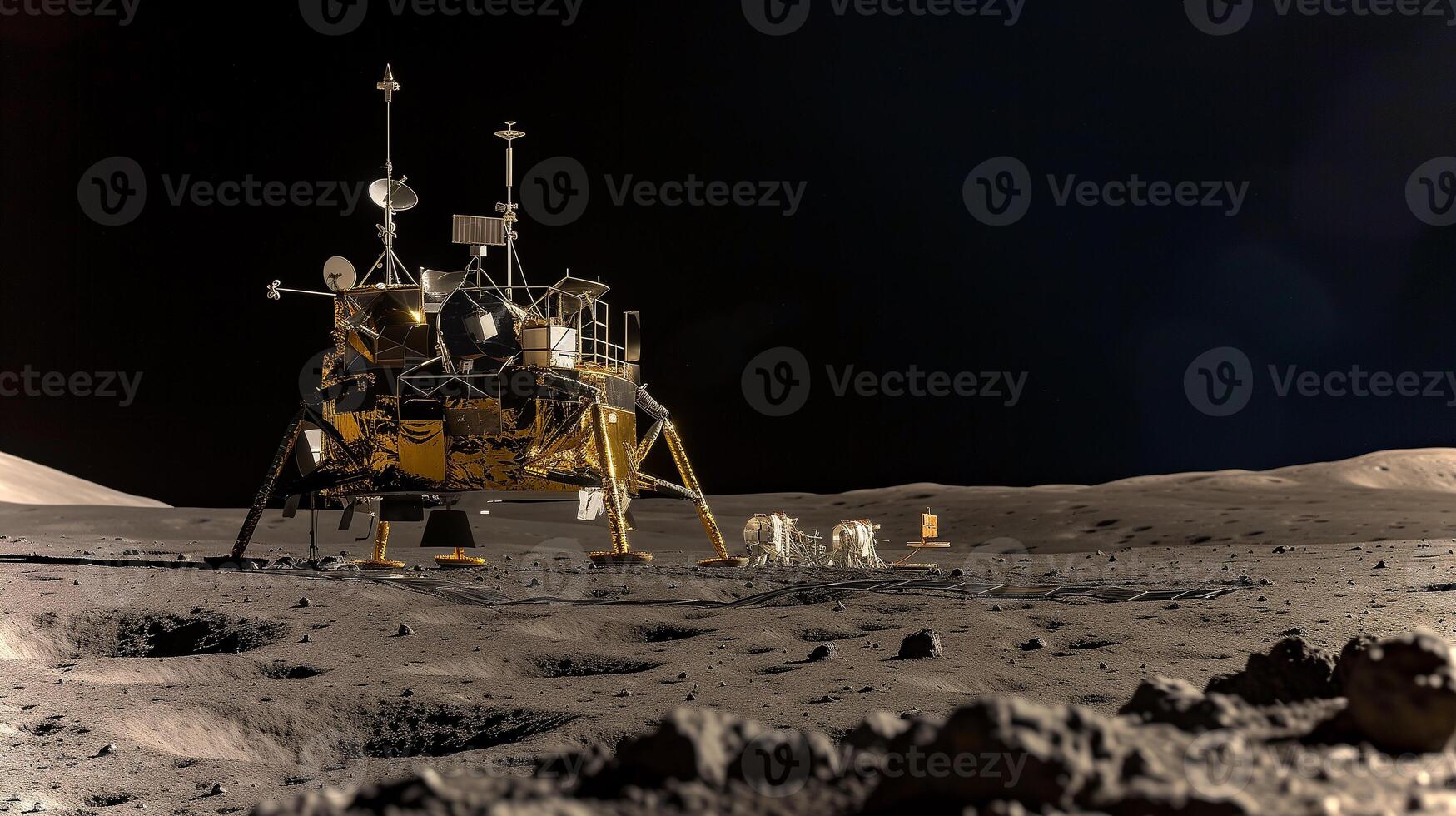 This Excavators and machinery work to extract regolith at a lunar refinery site during the night. photo