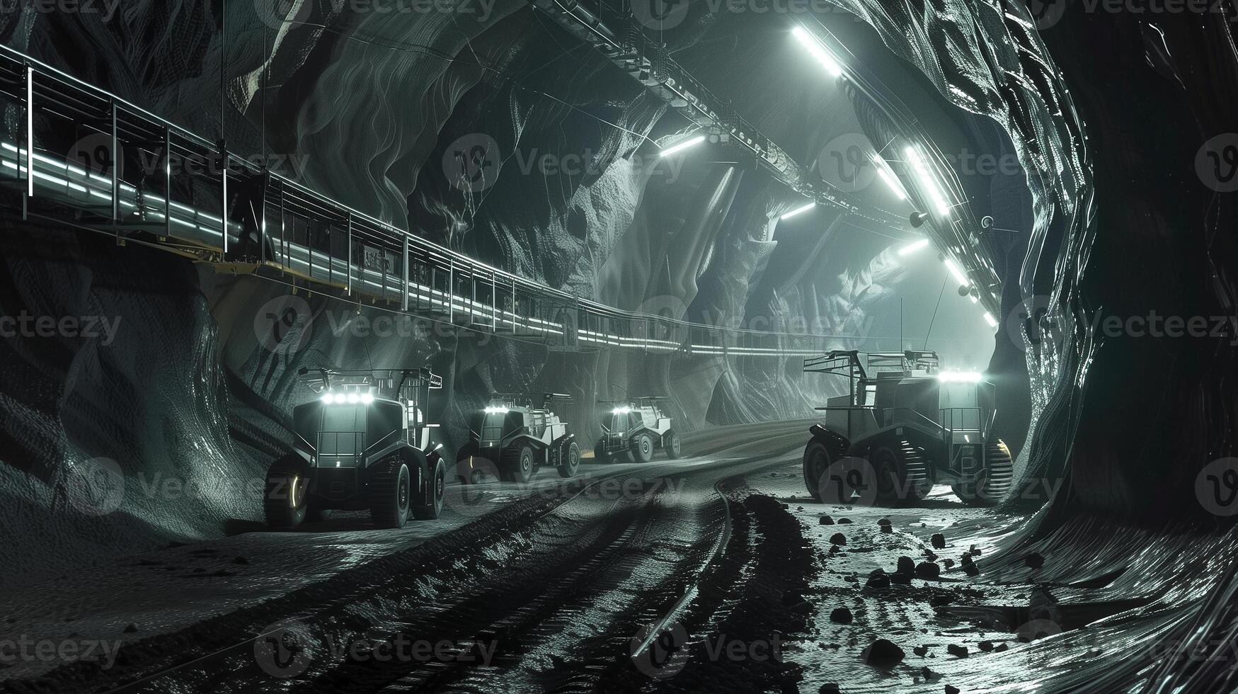 This Heavy machinery conducts regolith excavation in an illuminated asteroid mining tunnel. photo