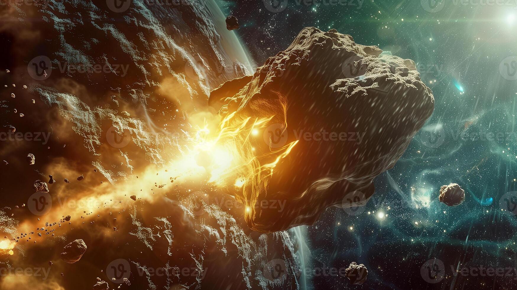 This High-energy extraction process occurring on an asteroid's surface, revealing bright regolith. photo