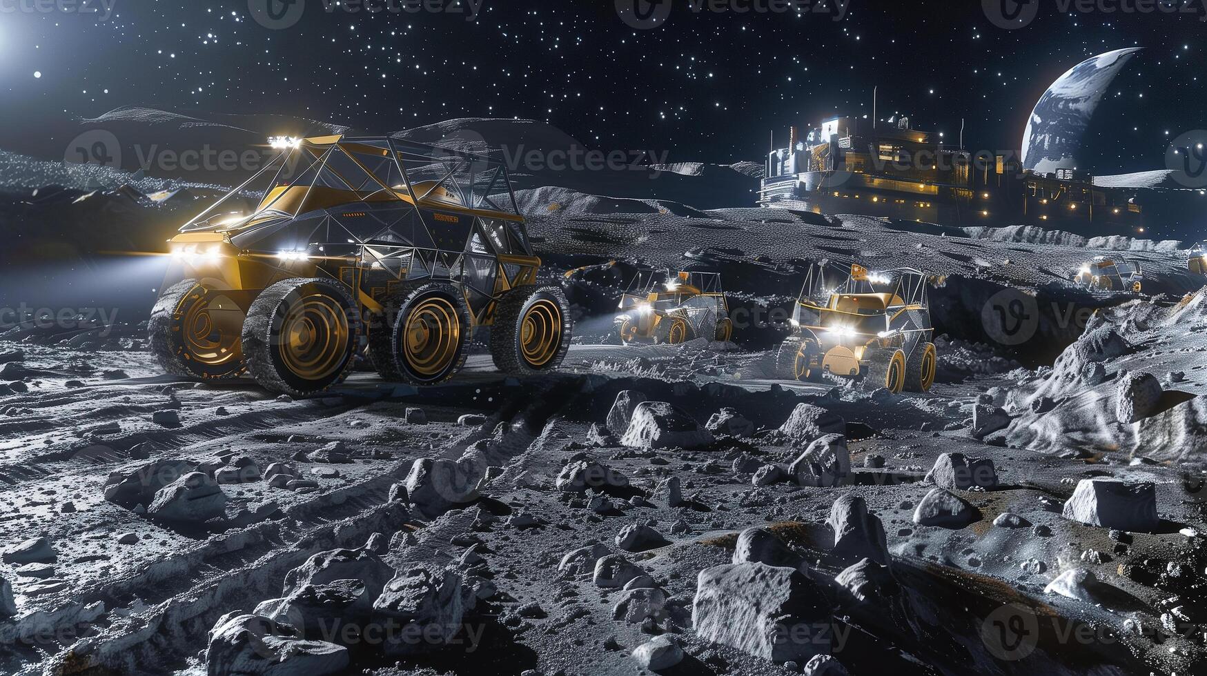 This Excavation vehicles navigate the lunar surface for regolith extraction near a refinery at night. photo