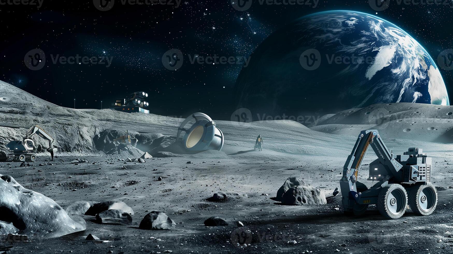 This Excavators work diligently on a moon's surface to extract regolith for refinery processes. photo