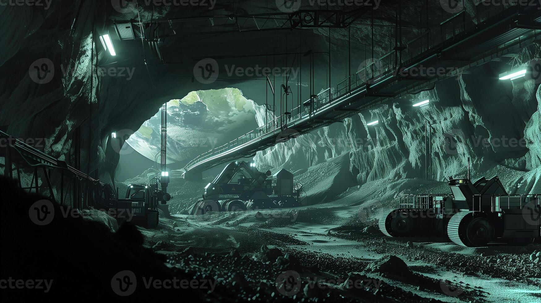 This Machines extract valuable resources from an asteroid's regolith within a dimly lit cavern. photo