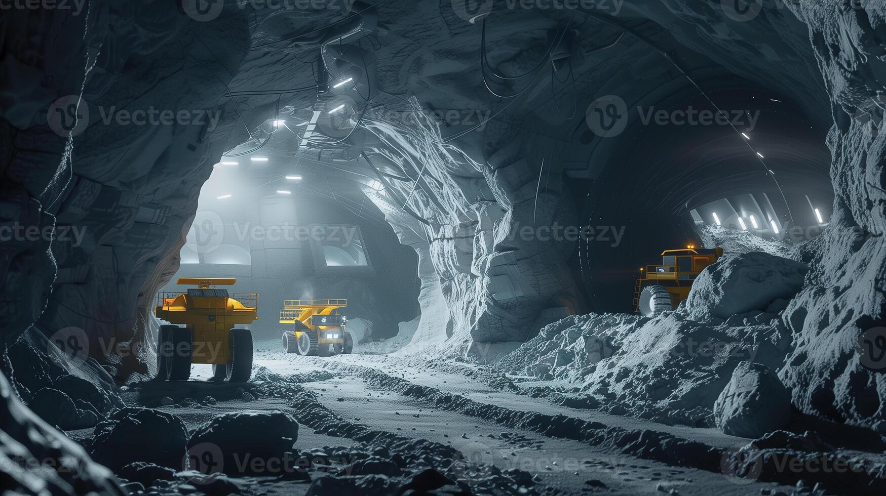This Robots operate in a dark tunnel, extracting regolith for refining on an asteroid mining mission. photo