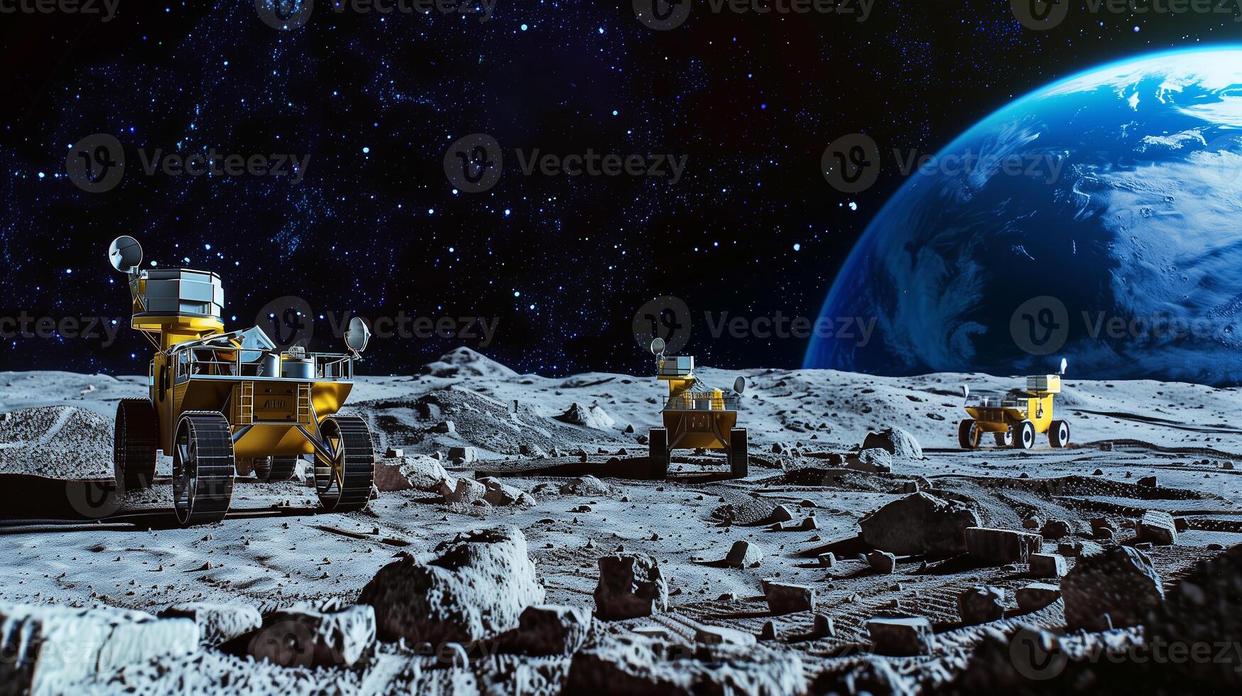This Robotic vehicles are actively excavating regolith for resource extraction on an asteroid. photo