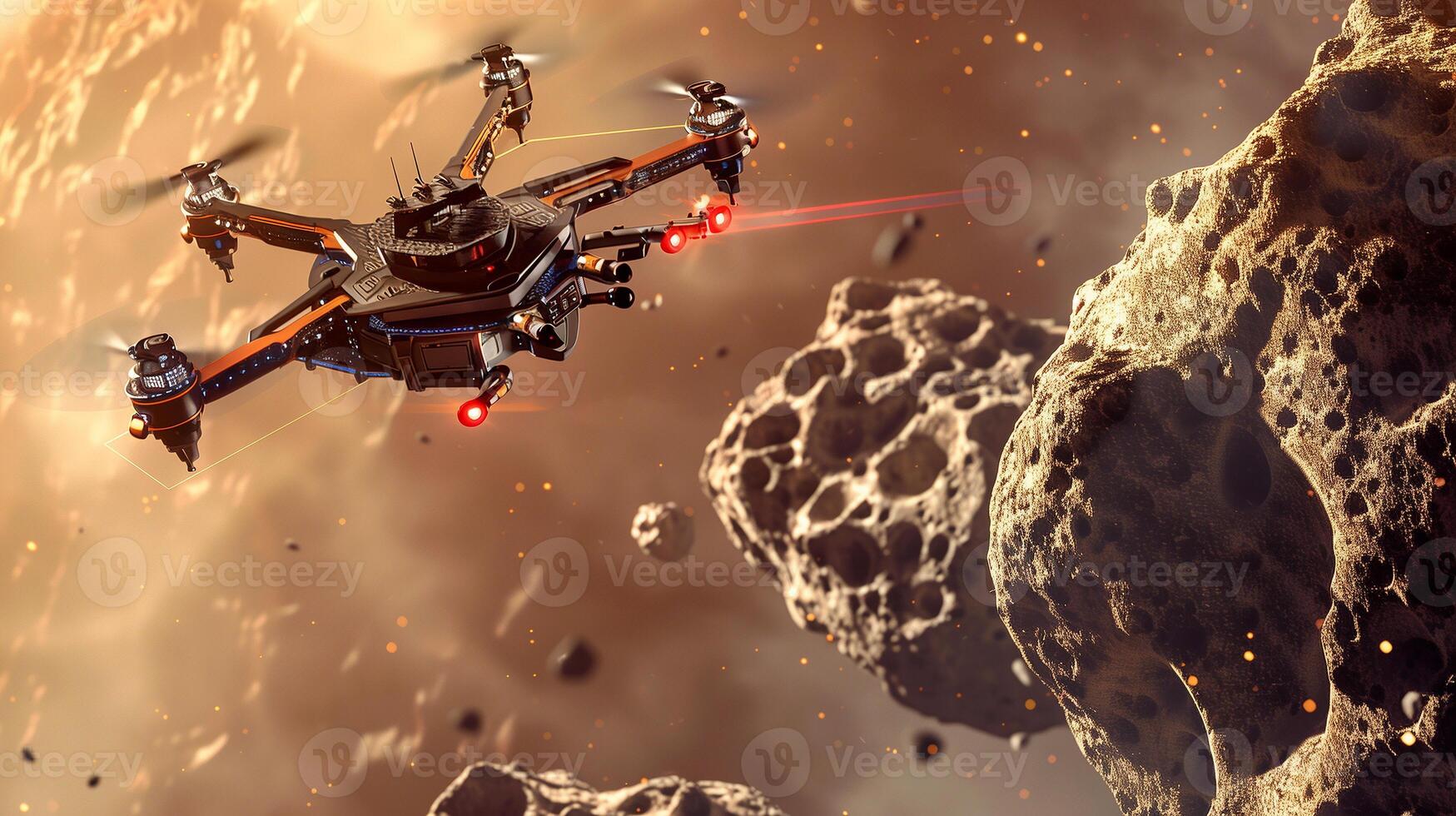 This drone performs excavation on an asteroid to extract valuable regolith for a refinery. photo