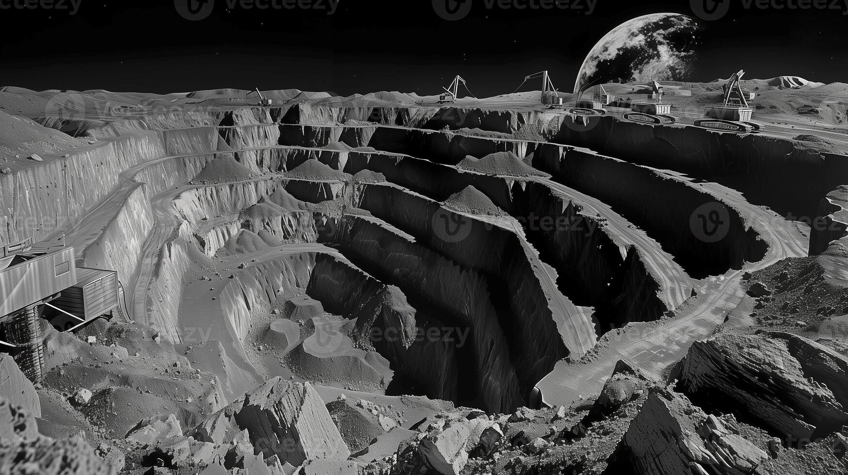 This Regolith extraction is underway at a futuristic lunar refinery on an asteroid. photo