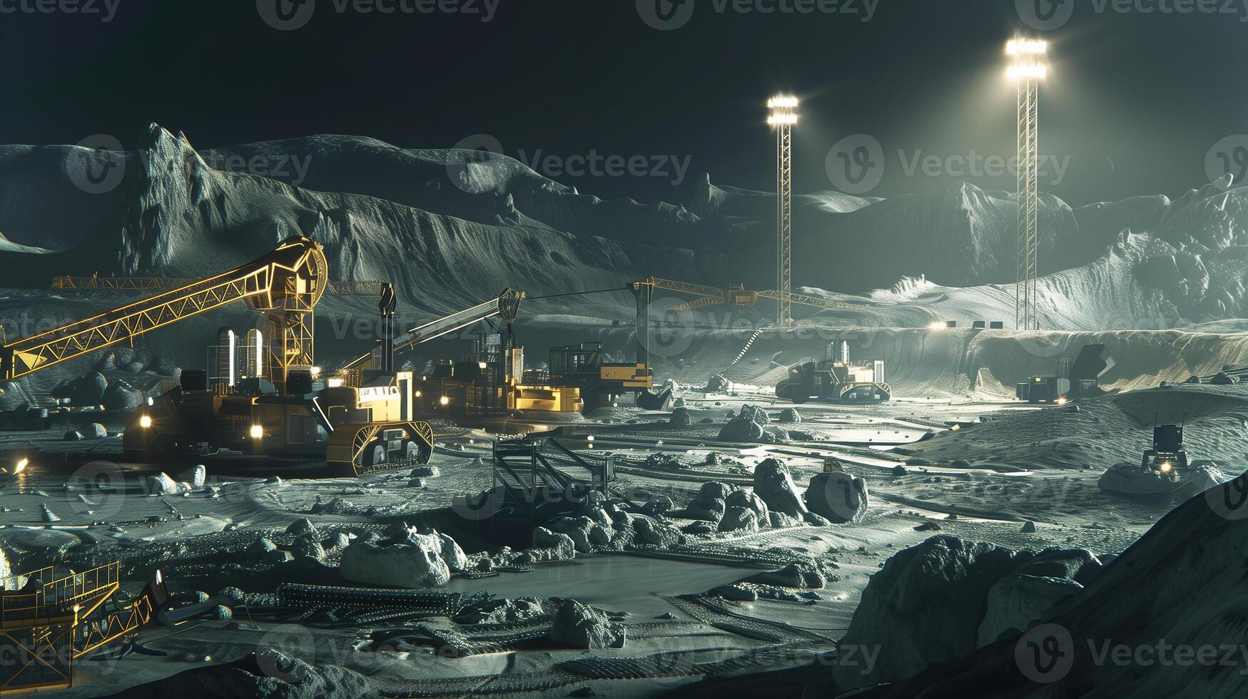 This Advanced machinery operates in a dimly lit asteroid environment, focusing on regolith extraction. photo