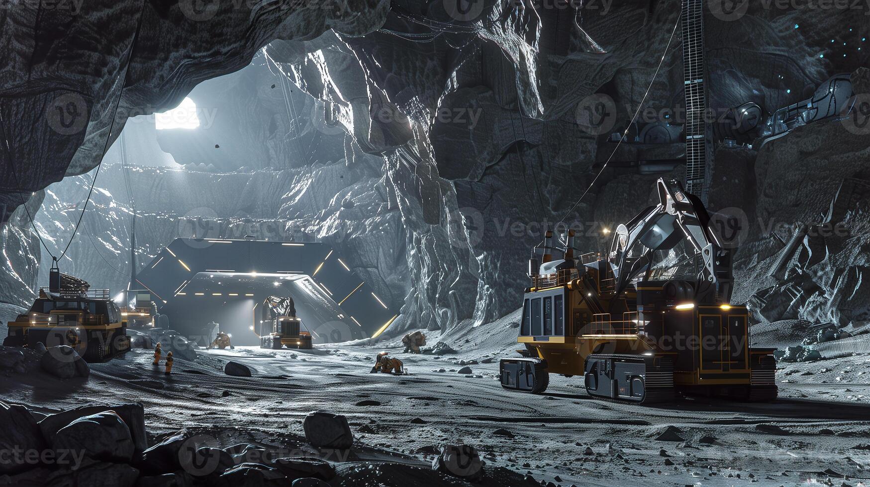 This Heavy machinery extracts valuable materials from the surface of an asteroid in space. photo