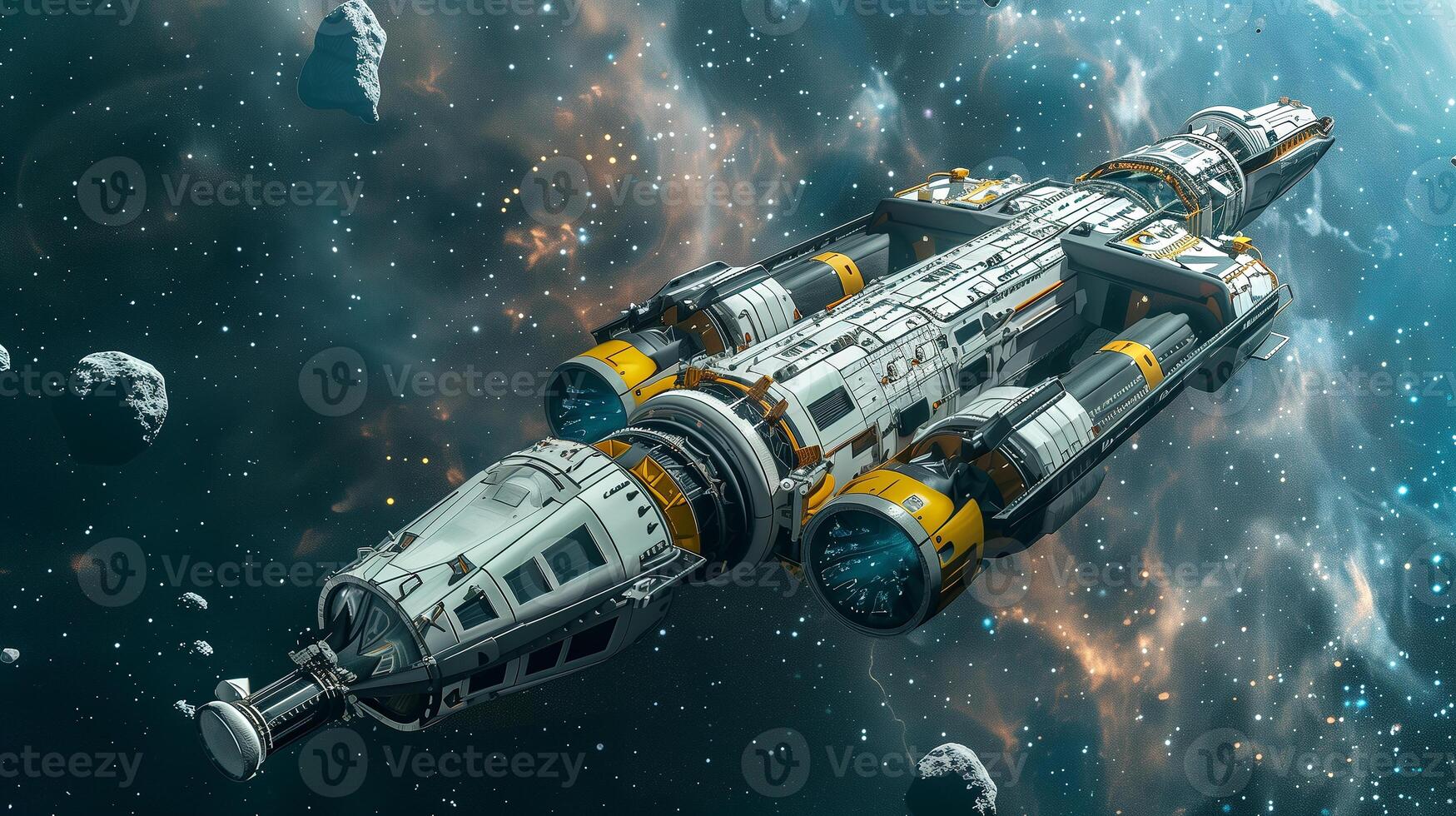 This spacecraft is engaged in regolith excavation and refinery activities among asteroids. photo