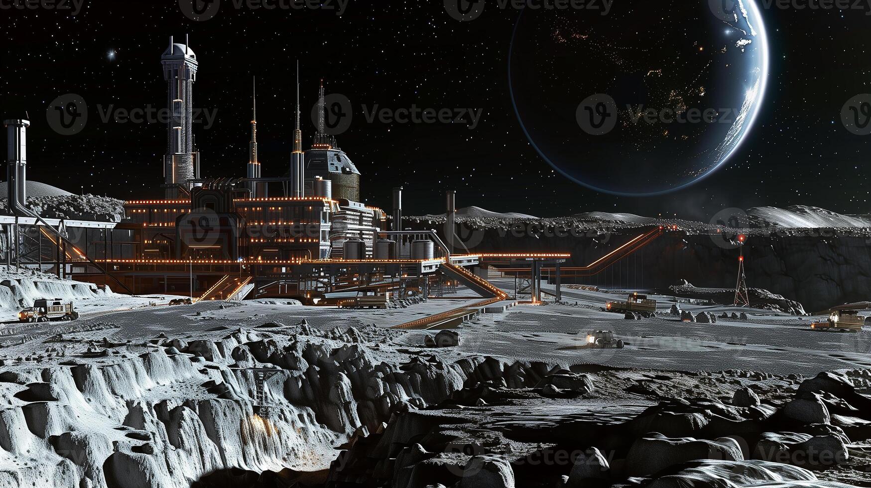 This Large facility conducts asteroid regolith excavation and mineral extraction in a futuristic setting. photo