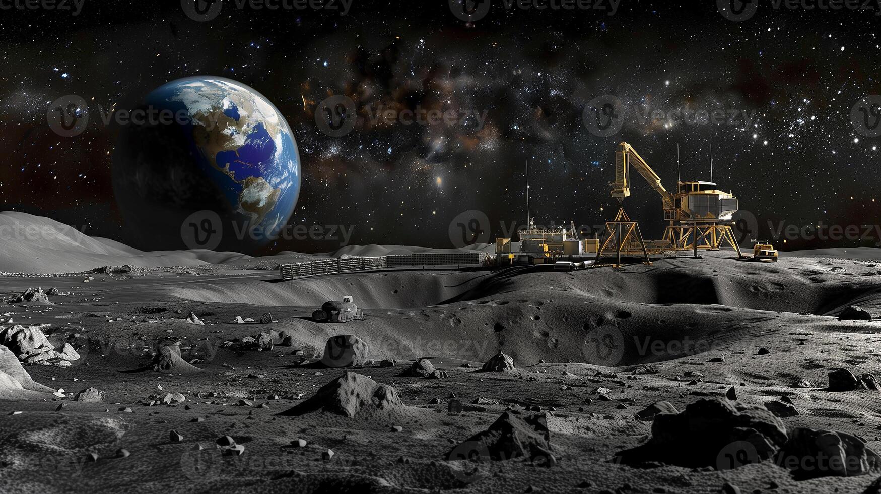 This Heavy machinery extracts regolith on an asteroid with Earth in the cosmic backdrop. photo