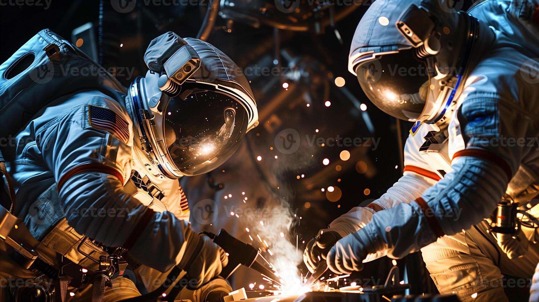 This Astronauts work together to extract and refine regolith from an asteroid, utilizing advanced tools. photo