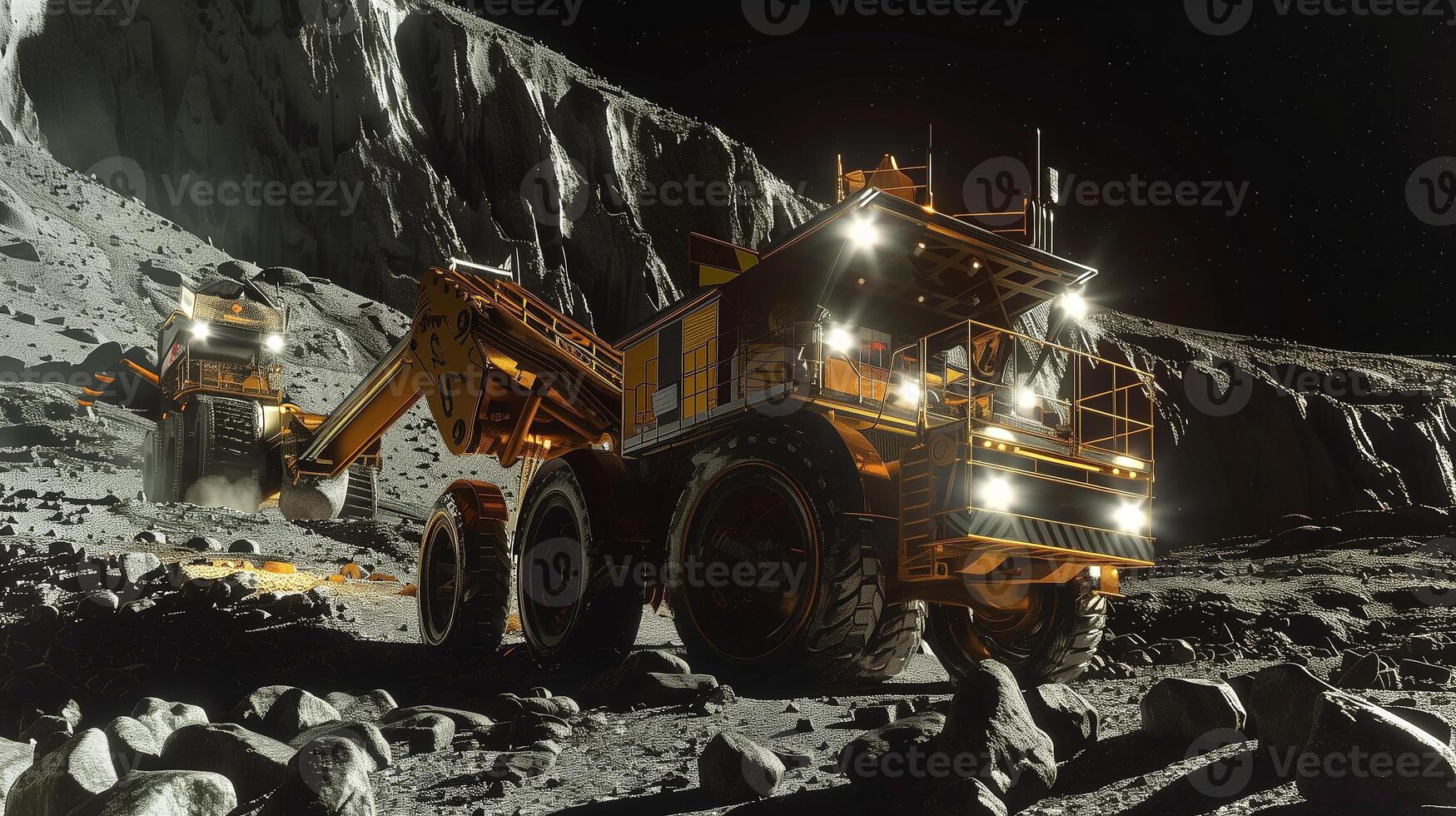 This Heavy machinery is excavating regolith on an asteroid to refine valuable resources efficiently. photo