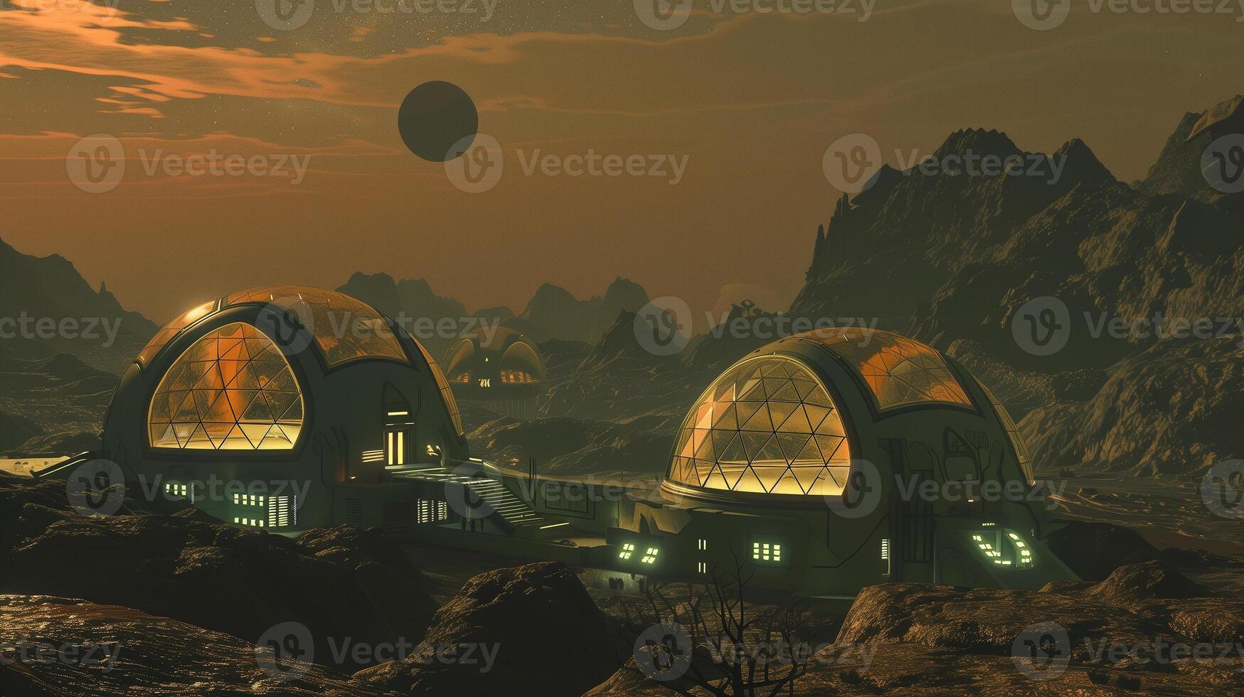 This futuristic asteroid mining facility is busy extracting regolith under a cloudy sky. photo