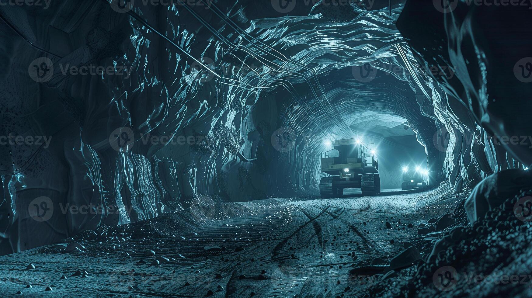 This A mining vehicle extracts regolith from an asteroid in a dark, illuminated tunnel during excavation. photo