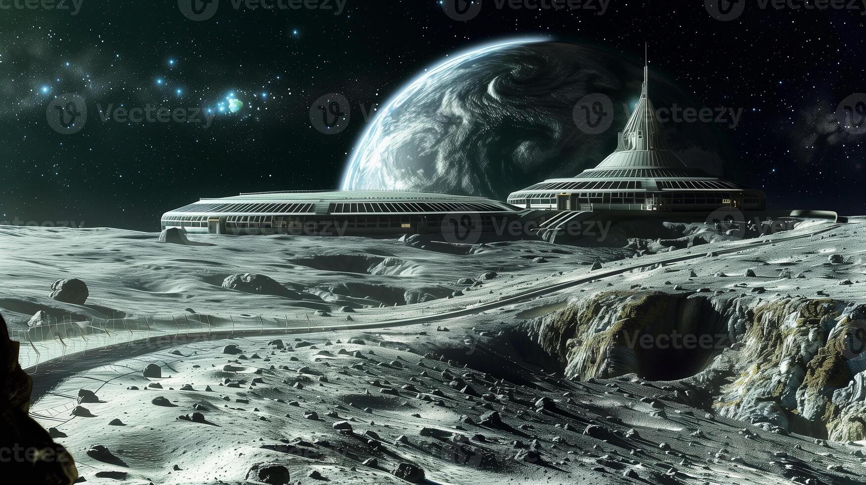 This Workers are engaged in asteroid regolith excavation at a high-tech lunar refinery during night. photo