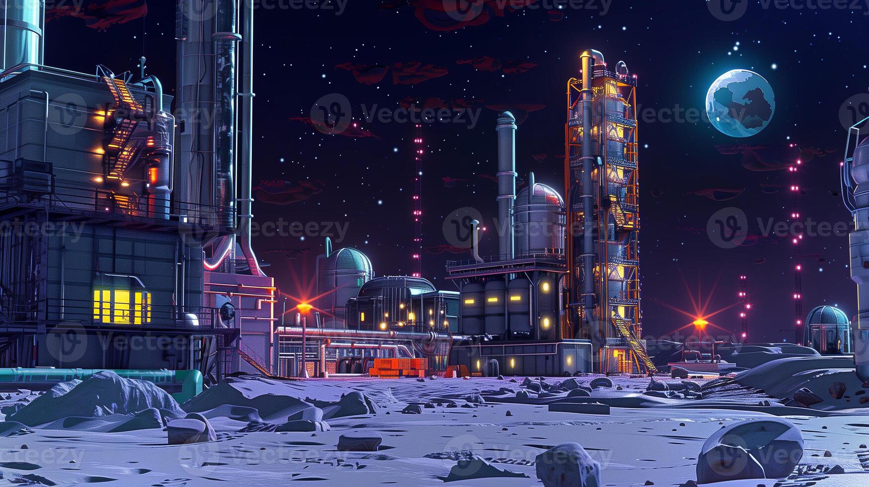 This futuristic refinery extracts regolith from an asteroid while illuminated by machinery. photo