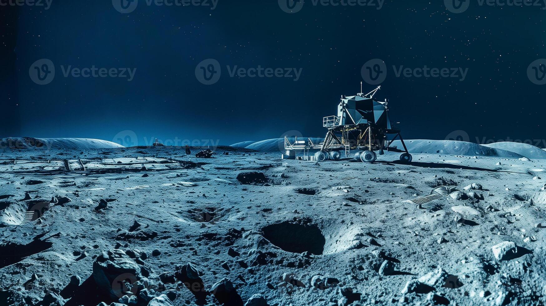 This Advanced machinery conducts regolith extraction on the moon's surface under a starry sky. photo