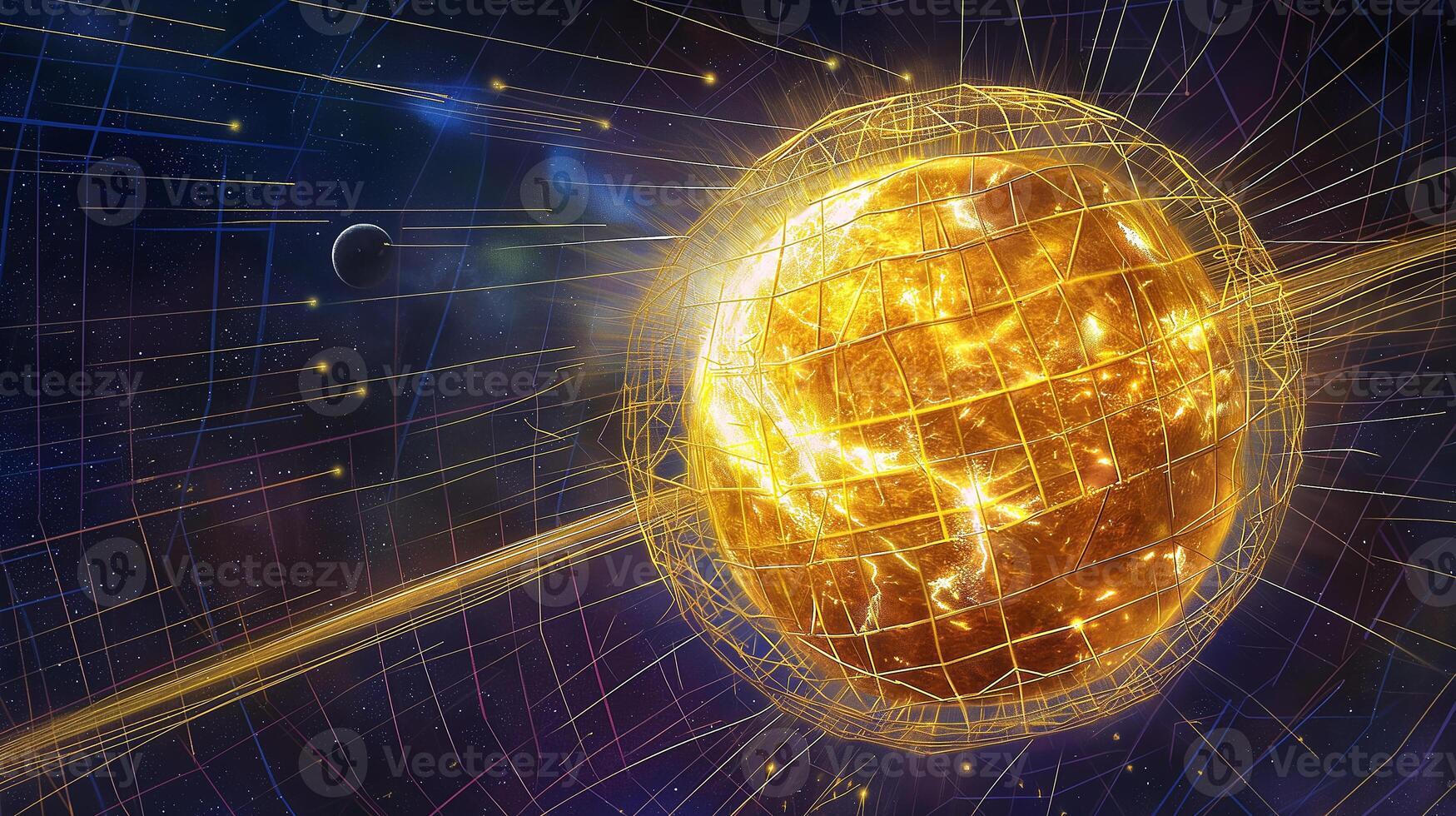 This glowing star encased in energy grids, symbolizing futuristic stellar mining in deep space. photo